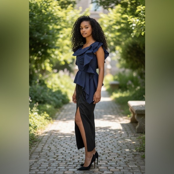 Self-Portrait Asymmetrical Ruffle Midi Dress Navy BlackSculptural Cocktail